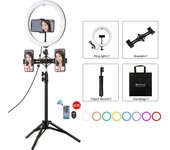 PULUZ 10.2 inch 26cm Curved Surface RGBW LED Ring Light + 1.1m Tripod Mount + Dual Phone Brackets Horizontal Holder + Vlogging Video Light Live Broadcast Kits with Remote Control & Phone Clamp(Black)