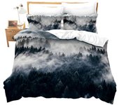 3PCS Quilt Cover Smoky Mountain Bedding Forest Duvet Cover King Grey Tree Comforter Cover Mountain with Forest Retro Print Decorative Bedding Set
