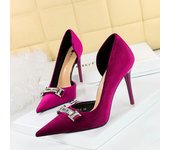 Banquet slim heeled suede shallow cut pointed side hollowed out metal rhinestone buckle high heels