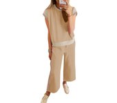 2025 Tendencia de verano Traje casual Contraste de tres mangas Top Pantalones de siete puntos Conjunto de dos piezas Mujeres
