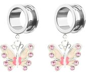 2x butterfly pendants in various styles, steel ear plugs, 6mm-25mm meat tunnel, double convex stretcher screws