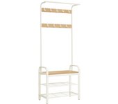 Perchero Zapatero, Perchero con Banco Recibidor, 4 en 1, 9 Ganchos Extraíbles, Barra Superior, para Entrada Pasillo, 33,7 x 72 x 183 cm, Moderno, Roble y Blanco HSR40W