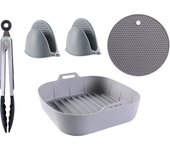 Original® 2 In 1 Premium Air Fryer Accessories - Silicone SQUARE [21CM] Pan Mold - Silicone Basket - Silicone Oil-Free Fryer Tray，Grey