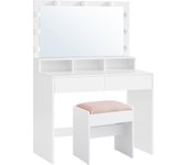 Tocador, Mesa de Maquillaje con Espejo y Luces LED con Brillo Ajustable, Taburete, 2 Cajones y 3 Compartimentos, Moderno