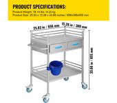 SucceBuy Lab Serving Cart, 2 Layers Stainless Steel Utility Rolling Cart, Medical Cart with Two Drawers, Dental Utility Cart with Lockable Wheels and Bucket, for Laboratory, Hospital, Dental Use