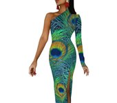 Pea Feathers Bodycon Spring Colorful Kawaii High Slit Dresses Ladies Long Sleeve Print Street Style Dress