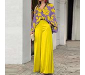 Spring Autumn Print Pant Sets Women Fashion Temperament Casual Loose Two Piece Set Flared Sleeve Shirts Wide Leg Pants Lady Suit