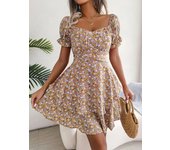 Spring summer casual short sleeved printed floral dress with pleats and knee length women's clothing