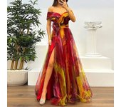 2025 Casual Pleats Women's Long Dresses New Summer Mesh Printed Lady Evening Fashion Strapless Slim Fit Split Party Dress