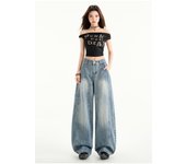[Yunhe Fish] Thirteen line yellow wide leg jeans for women in spring 2025, new high waisted and floor hugging pants