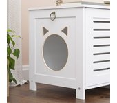 60 x 45 x 50 cm Mueble arenero Gatos, Caja de Arena para Gatos con persianas de Madera para Interiores, Caja para Mascotas de 4 Patas, Linda Entrada con Forma de Cabeza de Gato, Blanco