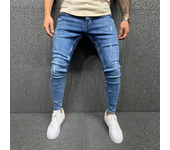Pantalones vaqueros rasgados de calle, pantalones vaqueros ajustados de moda de color azul claro, pantalones vaqueros lisos lavados, pantalones vaqueros pitillo ajustados informales para hombre