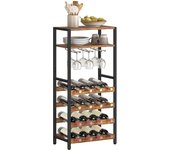 Estantería para Vino de 16 Botellas, Estantería para Vinos Independiente con Tablero de Madera y Soporte para Copas, Expositor de Vinos de 5 Niveles para Cocina, Bar, Restaurante