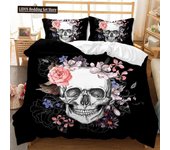 Skull Duvet Cover Set Queen 3D Skeleton Floral Skull Pattern Printed Bedding Qulit Cover Gothic Microfiber Bedding Queen Size