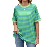Primavera y verano nueva camiseta de manga corta suelta con cuello redondo de color en contraste a rayas top mujer