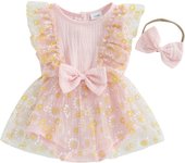 Baby Girls Rompers Dress Round Neck Daisy Print Mesh Skirt Hem Infant Bodysuits Jumpsuits with Headband