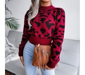 Women's Color Block Leopard Print Long Sleeve Crew Neck Sweater Slim Fit Knitted Tops Women