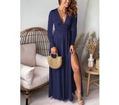 Deep V-neck long sleeved with pleats high waisted slit club party evening dress solid color dress