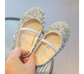Girls' leather solid color and rhinestone flat shoes, princess style, classic, fashionable, wedding party