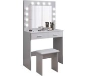 Mesa de Maquillaje con Hollywood LED Espejo, 2 Cajones Grandes y Taburete,80x40x140cm