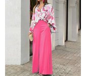 Spring Autumn Print Pant Sets Women Fashion Temperament Casual Loose Two Piece Set Flared Sleeve Shirts Wide Leg Pants Lady Suit