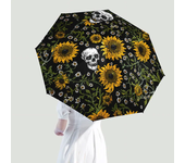 Paraguas plegable de calavera de girasol para mujer, sombrilla de viaje compacta, ligera, portátil, a prueba de rayos UV, resistente al viento y a la lluvia