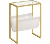 HOOBRO Mesa Auxiliar Estrecha, Mesa Auxiliar con Cristal Templado y Revistero de Tela, Mesa Decorativa Pequeña de Café, para Espacios Reducidos, Dormitorio, Salón, Estilo Moderno, Dorado EGD66BZ01