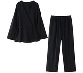 OUWU- Conjunto De Dos Piezas A La Moda Para Mujer, Abrigos Sueltos Lisos Con Cordones Y Pantalones Vintage De Cintura Alta Elástica, Conjuntos De Pantalones Elegantes Para Mujer