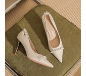 [Sheepskin] Pointed High Heels Women's Stiletto Heel 2024 Autumn New Shallow Mouth Temperament Pearl Shoes