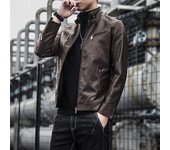 Chaqueta de PU de cuero de motocicleta delgada con cuello levantado de cuero informal de otoño e invierno de gran tamaño para hombres