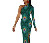 Pea Feathers Bodycon Spring Colorful Kawaii High Slit Dresses Ladies Long Sleeve Print Street Style Dress