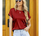 Blusas de satén de estilo veraniego para mujer, camisas informales con manga de ala de murciélago y cuello redondo, Blusas holgadas de Color sólido