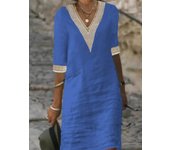 A brand new elegant cotton or mid sleeved dress, V-neck, women's autumn solid color