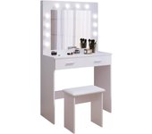 Mesa de Maquillaje con Hollywood LED Espejo, 2 Cajones Grandes y Taburete,80x40x140cm