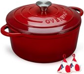 Olla de Hierro Fundido - Antiadherente Cacerola Holandesa de Esmaltado con Tapa - 26 CM Redonda Cacerola Holandesa para Cocinas de Inducción - Rojo