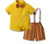 children's clothing for baby boys, short sleeved shirt, bow tie, shoulder strap pants, little host, one year old outfit, spring/