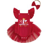 Pudcoco Baby Girl Valentine's Day Outfits Flying Sleeve Heart Number Print Tulle Romper with Bow Headband 0-18M