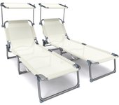Juego de 2 Tumbonas Plegables con Parasol, Tumbona Playera Reclinable 4 Posiciones, Estructura Acero y Tejido Textileno, Peso Máx Soportado 110kg para Piscina, Jardín, Playa 190x58x27cm, Beige