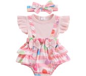 Pudcoco Baby Girls Easter Rompers Stripe Donut Print Bowknot Fly Sleeve Infant Bodysuits Jumpsuits with Headband