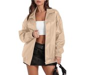 PU Leather Jacket Long Sleeved Lapel Zipper Side Pocket Casual Trench Coat for Women