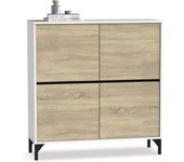 Recibidor Zapatero Mueble Auxiliar para Entrada con Patas, 4 Puertas, Blanco y Roble Cambrian, 20 Pares de Zapatos, Tallas Grandes, 101x96,5x33cm, Moderno, Industrial, Modelo Kioto