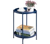 Mesa Auxiliar Redonda Mesa de Café & Té, Bandeja de Metal de 2 Niveles, Mesita de Noche Mesita de Sofá para Sala de Estar Dormitorio Balcón Patio, Negro