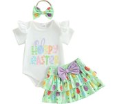 Pudcoco Baby Girl Easter Outfits Short Sleeve Romper + Tiered Skirt + Headband Set Infant Clothes 0-18M