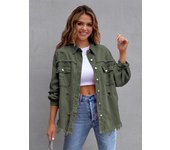 Women's medium length denim windbreaker, with broken and long sleeves