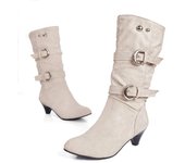 Winter Women's Boots Buckle Chunky Heel Round Toe Mid Calf Ankle Boots One Stirrup Casual Shoes