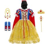 Fantasia Girl Cosplay Puff Sleeve Lace Flower Snow White Princess Dress With Cape Halloween Fancy Fairy Kids Birthday Party Gown