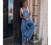 Summer Overalls For Women Blue Denim One-Piece Loose Wide-Leg With Pocket High-Waist Jumpsuits