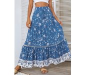 Women Long Skirt Boho Vintage Dress Floral Printed Rayon A line Large Hem Elastic Waist yellow blue