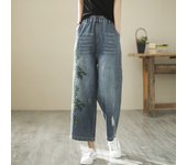 Nine point cotton wide leg embroidered jeans, women's high waisted, ruffled, loose fitting oversized straight leg casual pants