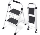 Escalera Plegable 4 Peldaños, Escalera de Tijera con Pedales Antideslizantes Anchos, Barandilla, Escalón Taburete de Acero Portátil Uso Hogar Cocina Oficina, Carga hasta 150 kg, Blanco